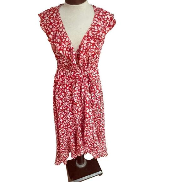 Max Studio Red White Floral Wrap Dress Size XS Ruffle - Picture 1 of 3